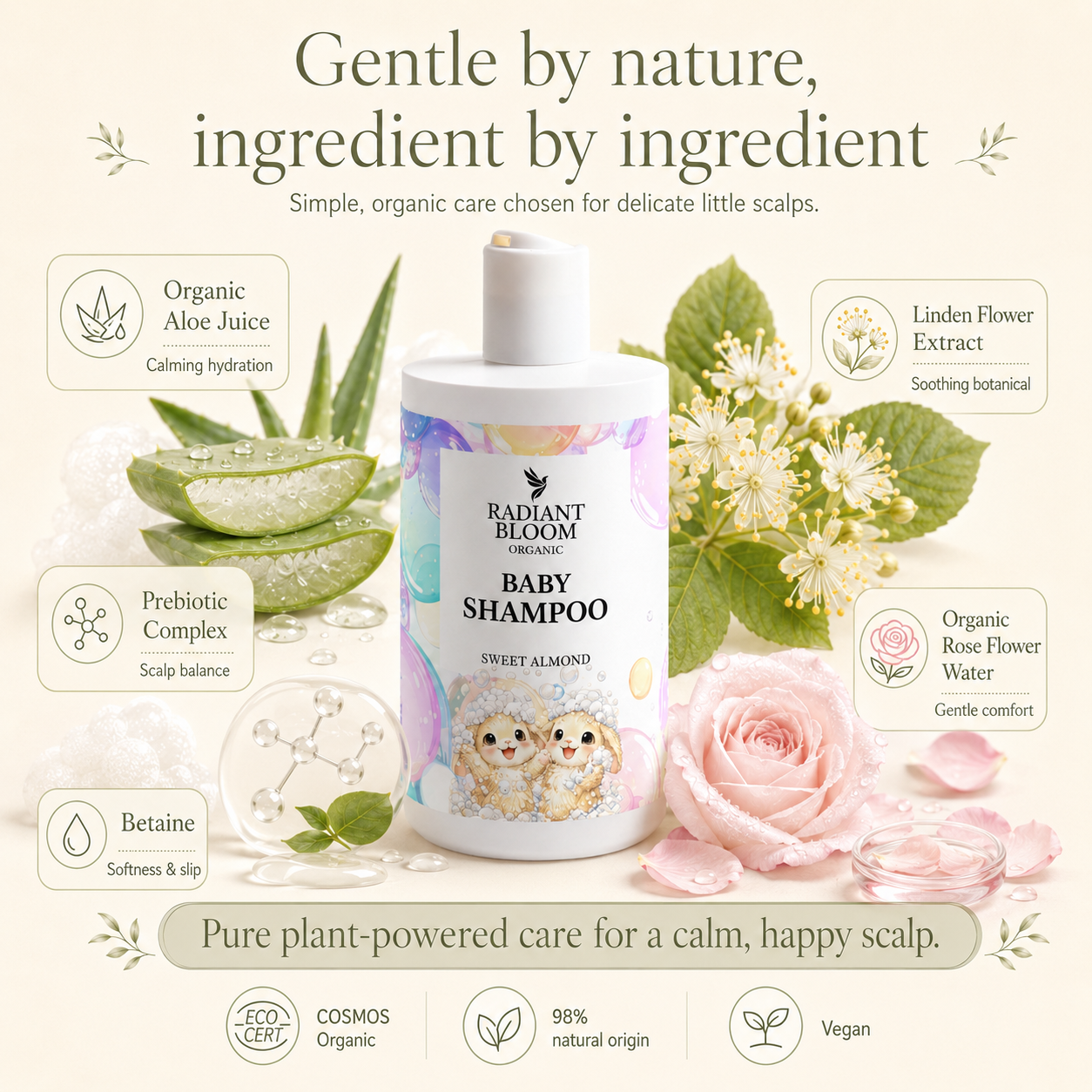 Baby shampoo bottle with natural ingredients and floral elements on a light background