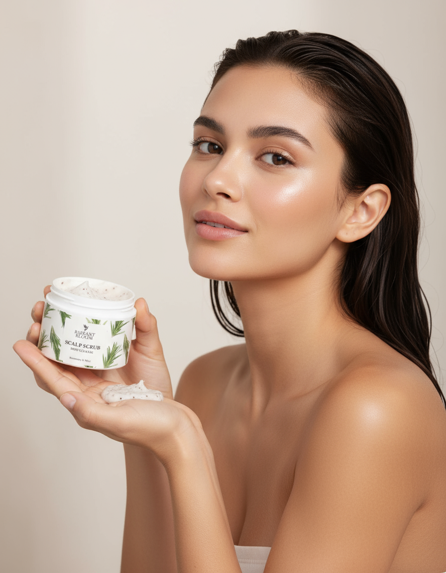 Natural scalp scrub ingredients including rosemary oil peppermint oil shea butter and keratin for healthy hair