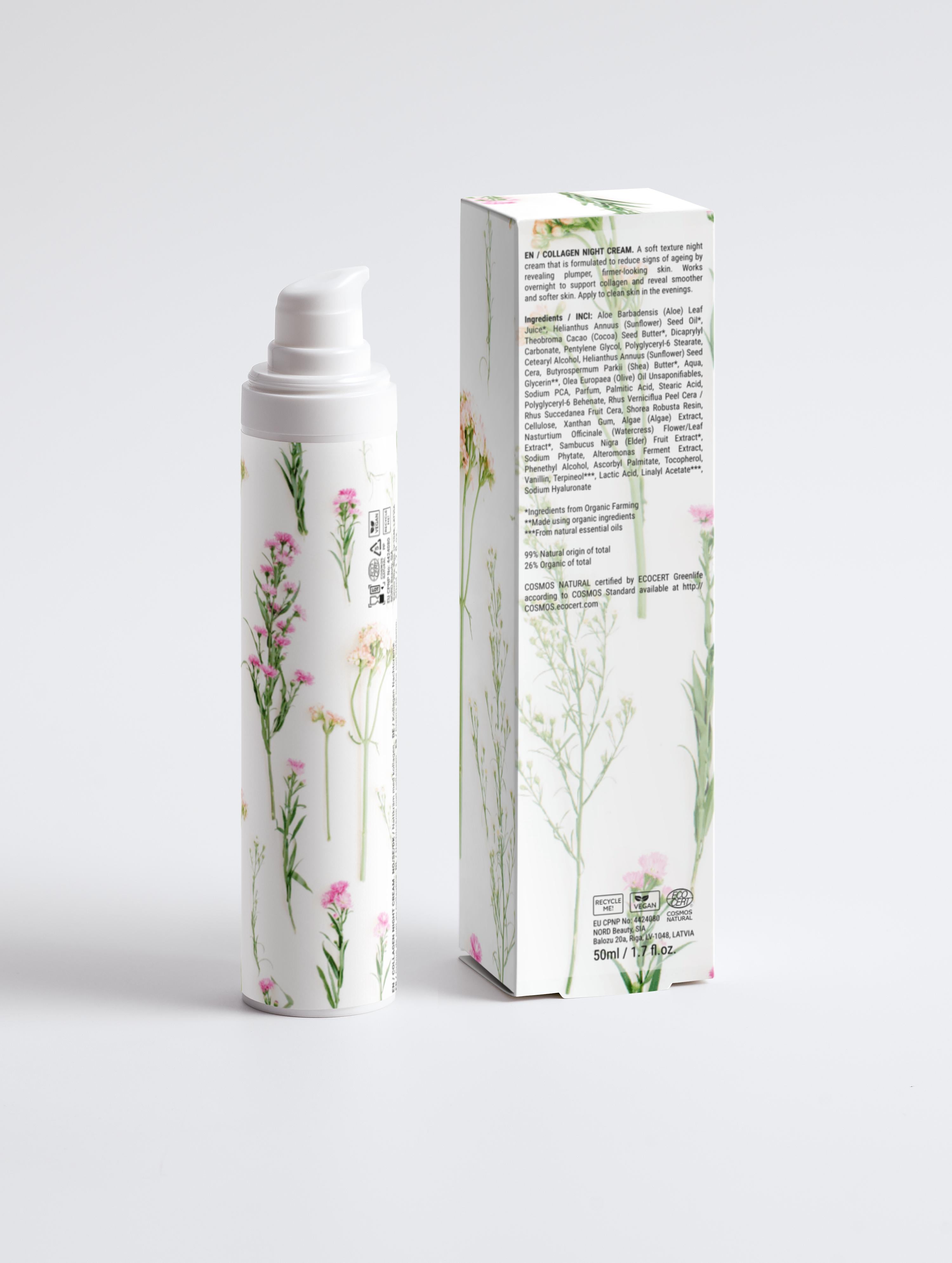 Radiant Bloom collagen anti-age night cream bottle with pump and back box, 50ml