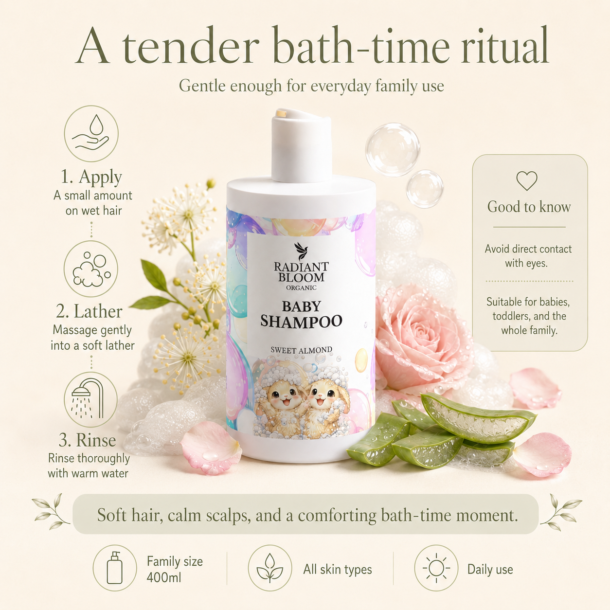 Baby shampoo bottle with floral design and product usage instructions on a light background
