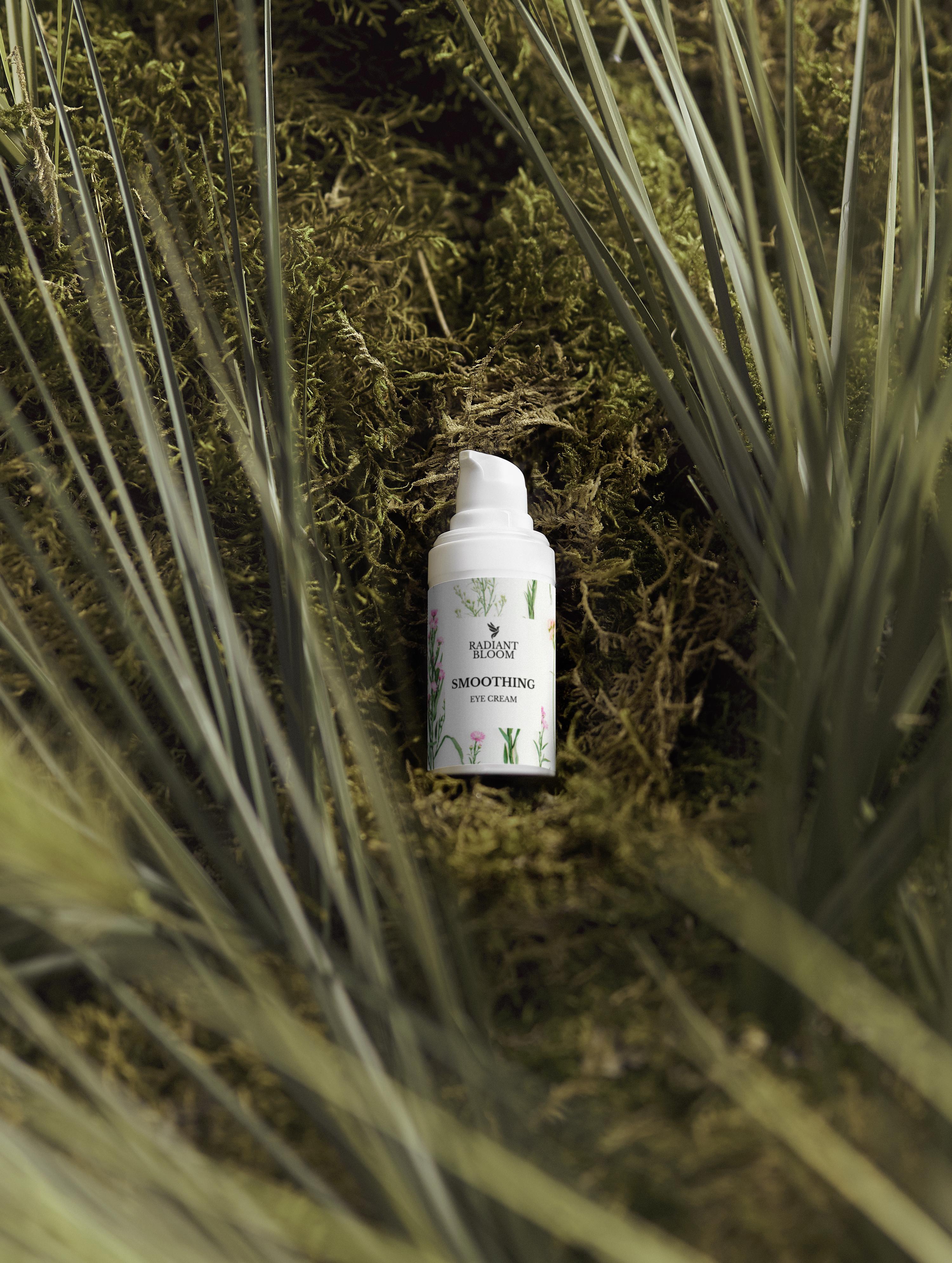 Smoothing eye cream bottle with pump and floral botanical label