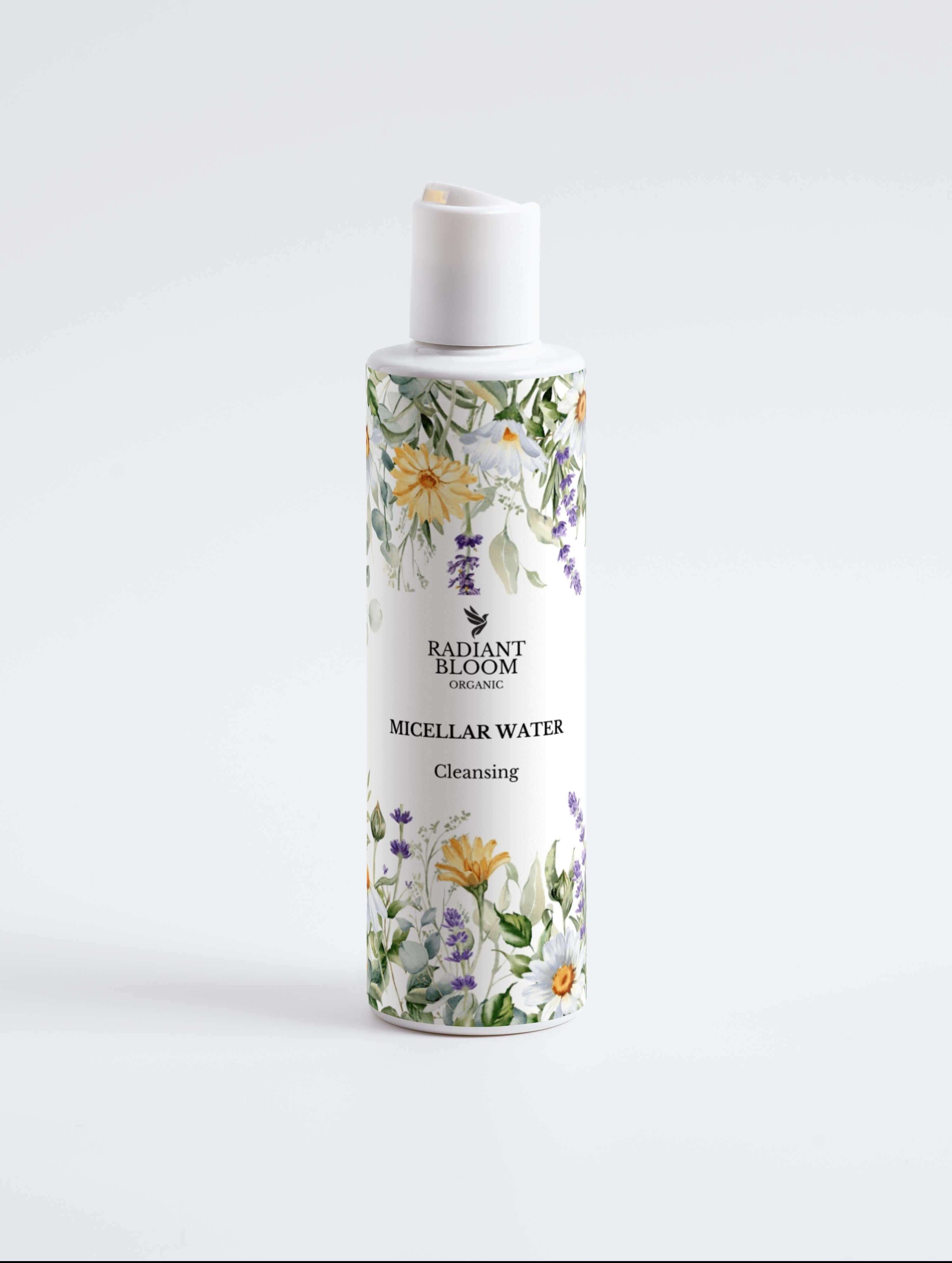 Micellar cleansing water bottle with white pump cap and floral label, front view